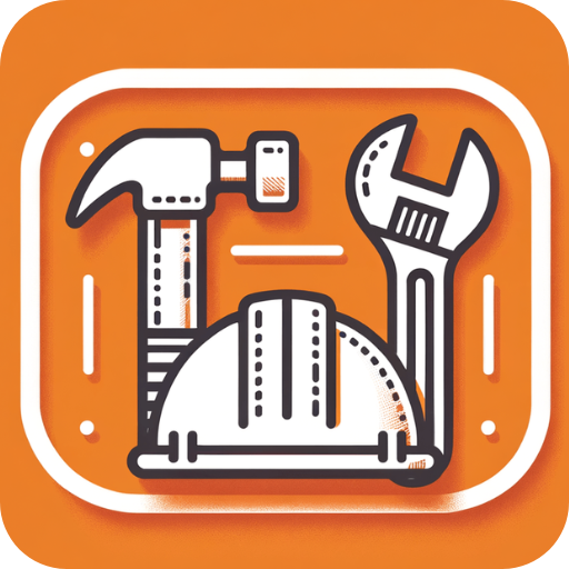 Illustration of a hammer, wrench, and safety helmet inside a rounded orange square, representing construction or maintenance tools.