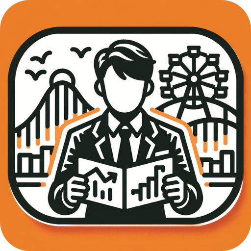 Illustration of a person in a suit holding a graph paper, with a roller coaster and Ferris wheel in the background, suggesting business analysis in an amusement park setting.