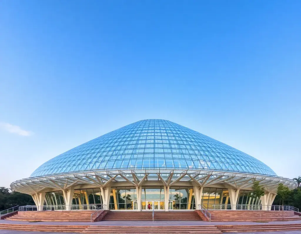 A modern glass dome building with a geometric grid roof, supported by white pillars, seen from the front against a clear blue sky.