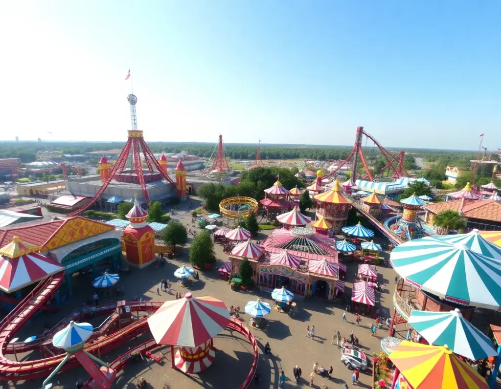 Aerial view of an amusement park with colorful tents, roller coasters, and various rides on a clear, sunny day.