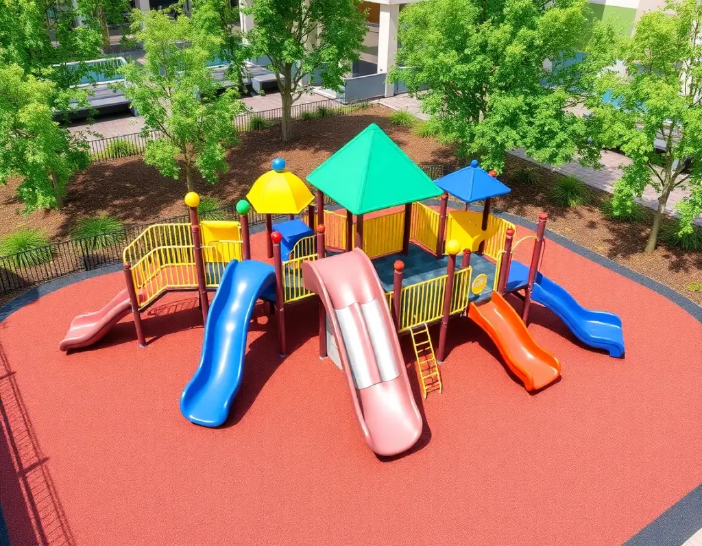 A colorful outdoor playground with multiple slides, climbing structures, and railings sits on a red rubber surface surrounded by green trees.