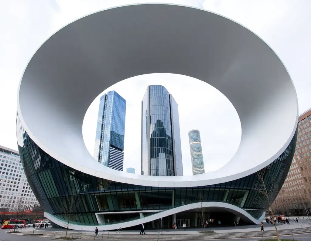 A modern building with a large, circular open roof and glass exterior stands among tall skyscrapers in an urban setting.
