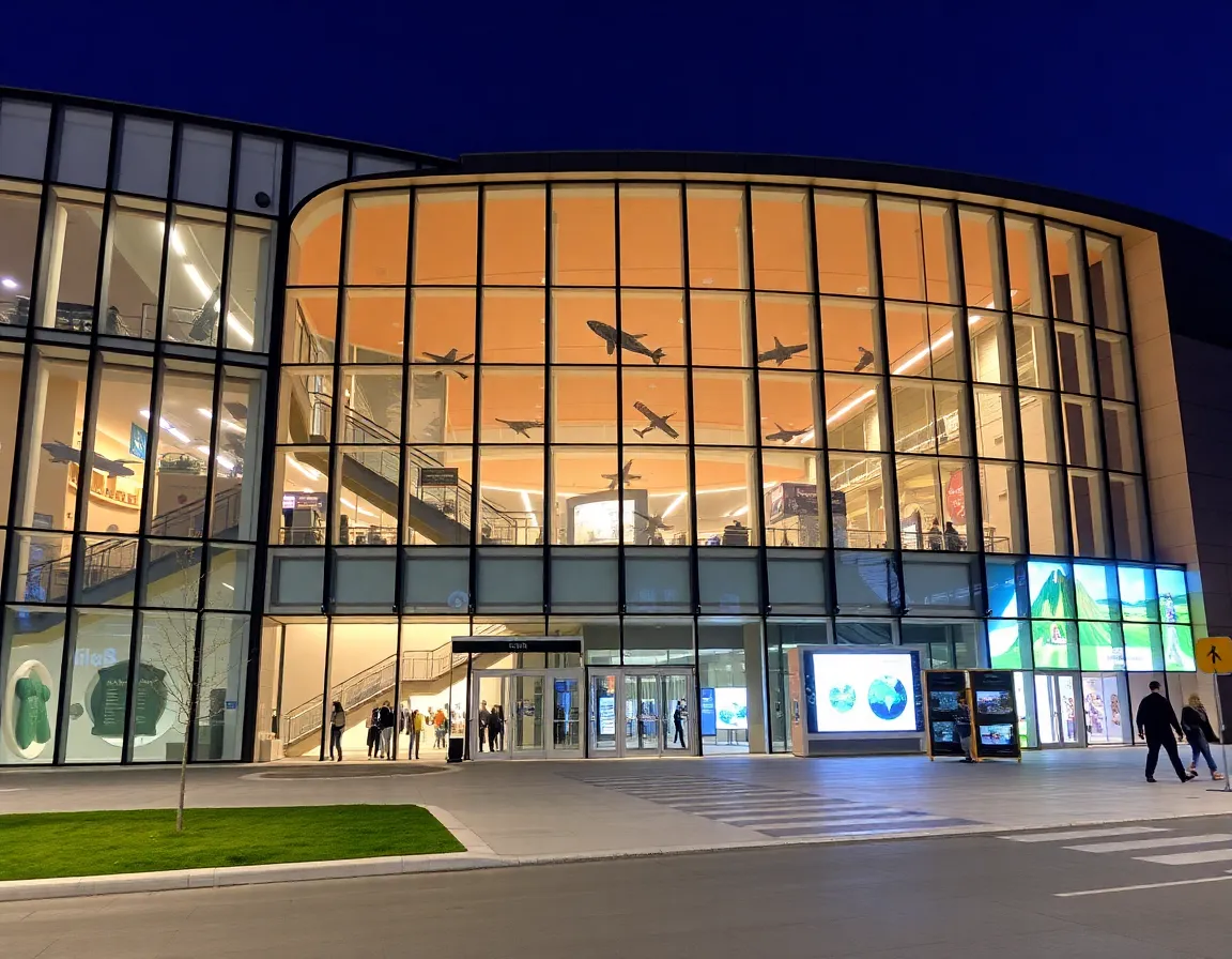 Modern building with large glass facade at night; interior displays model airplanes hanging from the ceiling and people walking inside.