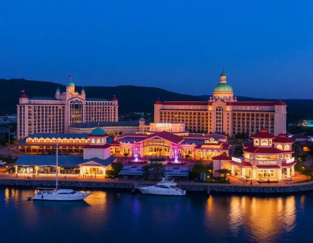 Night view of a brightly lit waterfront resort complex with domed buildings, boats docked in the foreground, and hills in the background.