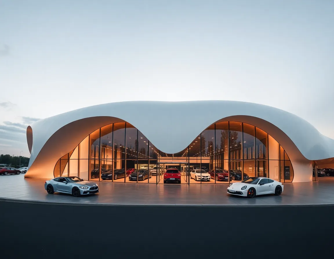 Modern car showroom with a curved, white, wave-like exterior, large glass windows, and multiple cars displayed inside and outside the building.