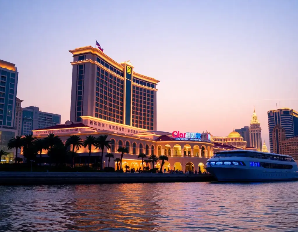 A brightly lit waterfront hotel and casino at sunset, with a boat passing by on the river in the foreground.