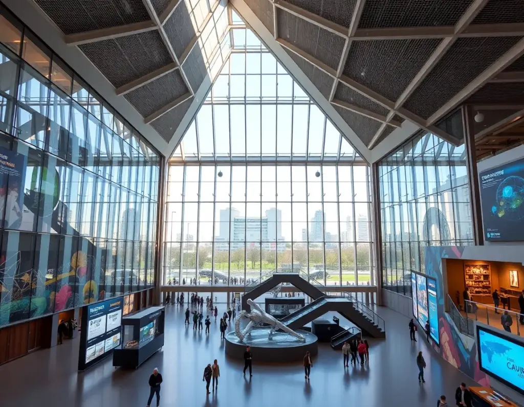 Large, modern museum atrium with high glass walls, central staircase, hanging art exhibit, digital displays, and visitors walking throughout the open space.