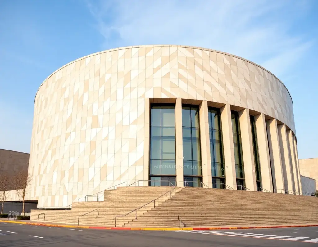 A modern circular building with a patterned beige exterior, tall vertical windows, and wide steps leading to the main entrance.