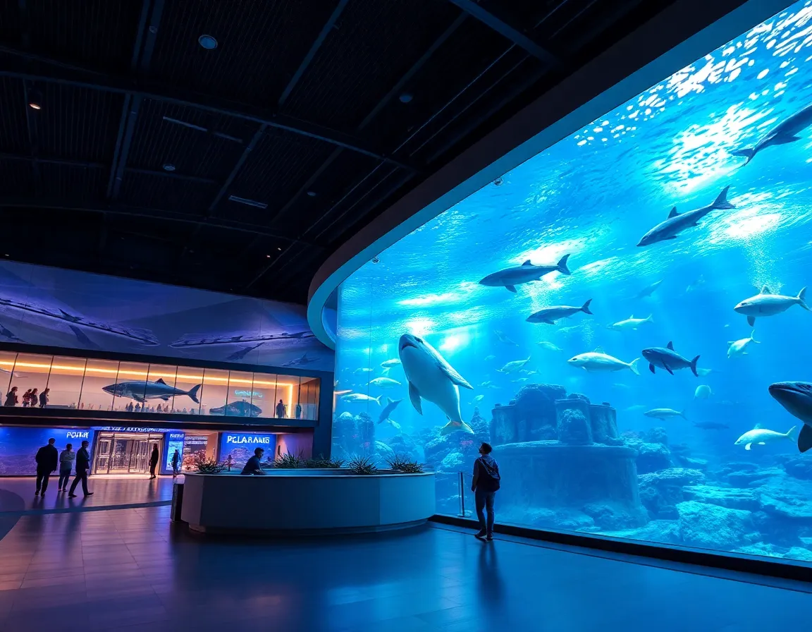 People observe various sharks and fish swimming in a large aquarium tank at a modern indoor aquarium exhibit.