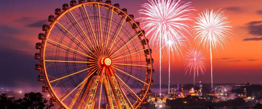 A brightly lit Ferris wheel at sunset with fireworks exploding in the sky above an illuminated fairground.