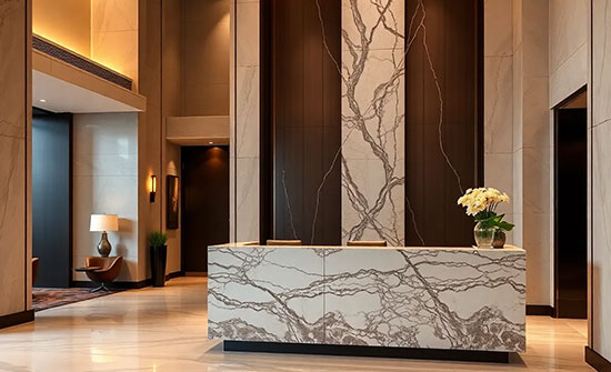 A modern hotel lobby features a marble front desk with gray veining, dark accent walls, and a vase of white flowers on the counter.