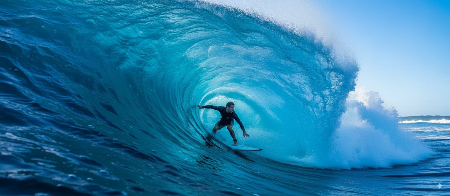 A surfer rides inside the barrel of a large blue ocean wave under a clear sky.